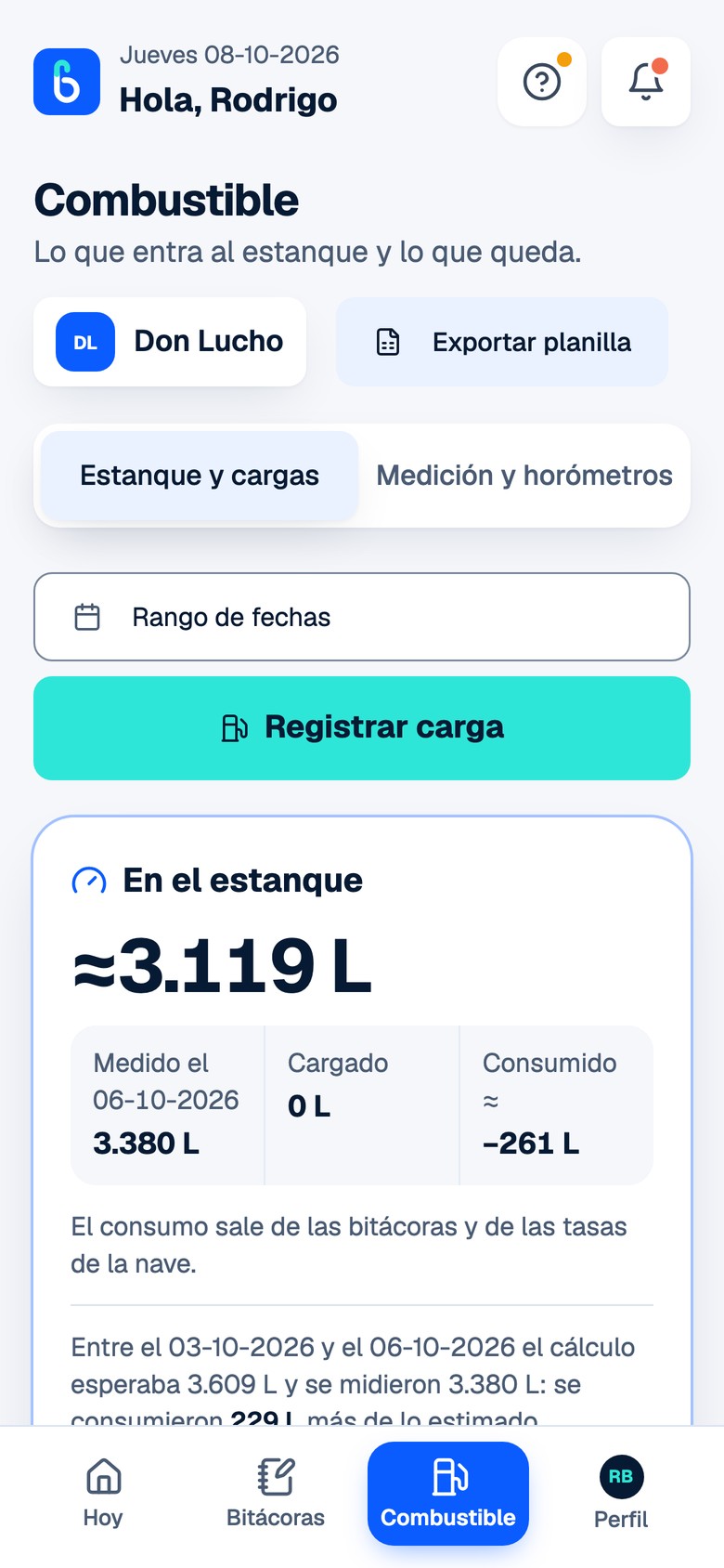 Combustible a bordo: litros en el estanque, cargas y mediciones
