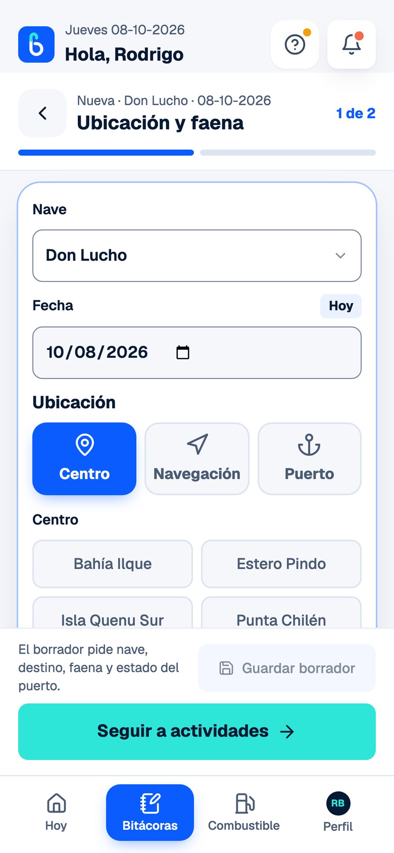 Nueva bitácora, paso 1 de 2: nave, fecha, ubicación y centro